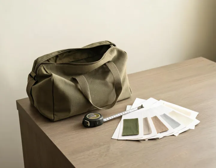 bag procurement desk with duffel sample, tape measure and neutral material cards