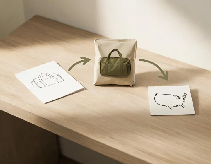 illustrated buyer communication route connecting a duffel bag specification sheet, sample package and US shipping destination, no map address