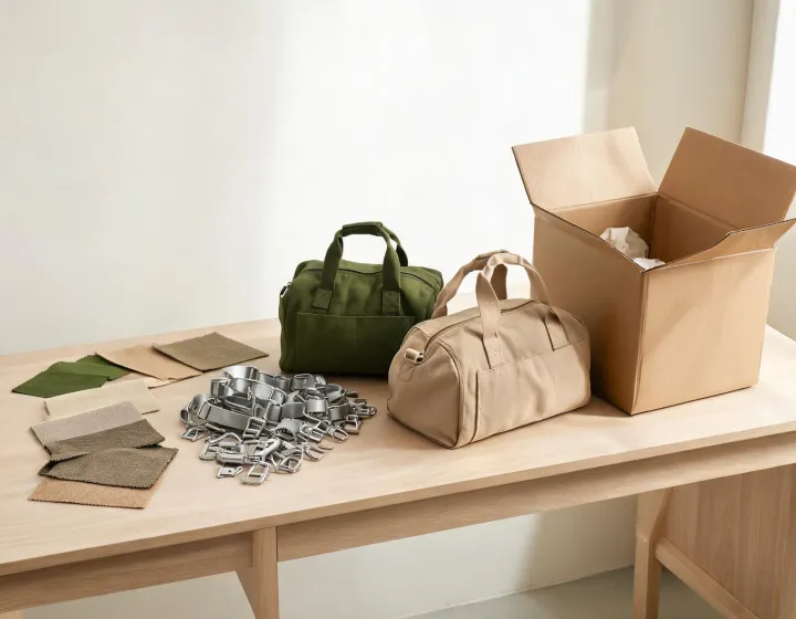 custom sports duffel bags beside material swatches, strap hardware and an open shipping carton