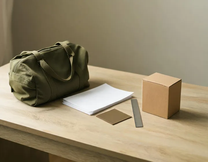duffel bag procurement brief arranged with leather swatch, ruler and carton packing reference