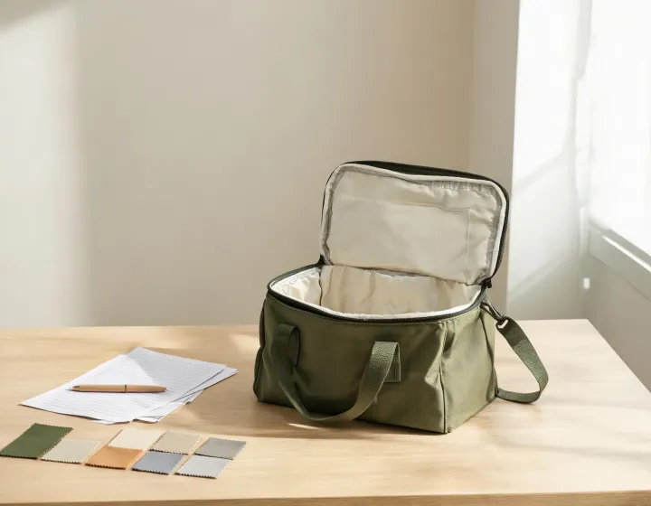 insulated duffel cooler bag opened beside liner swatches and sample review notes